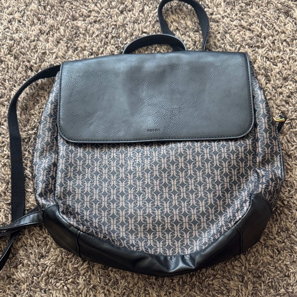 Fossil Black and Gray Logo-Print Canvas Backpack